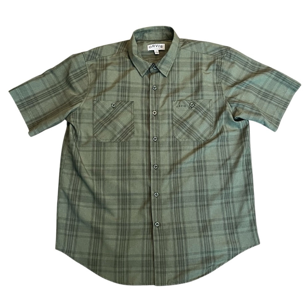 Men's Orvis‎ Tech Shirt Green Plaid Short Sleeve Button Up Size Large